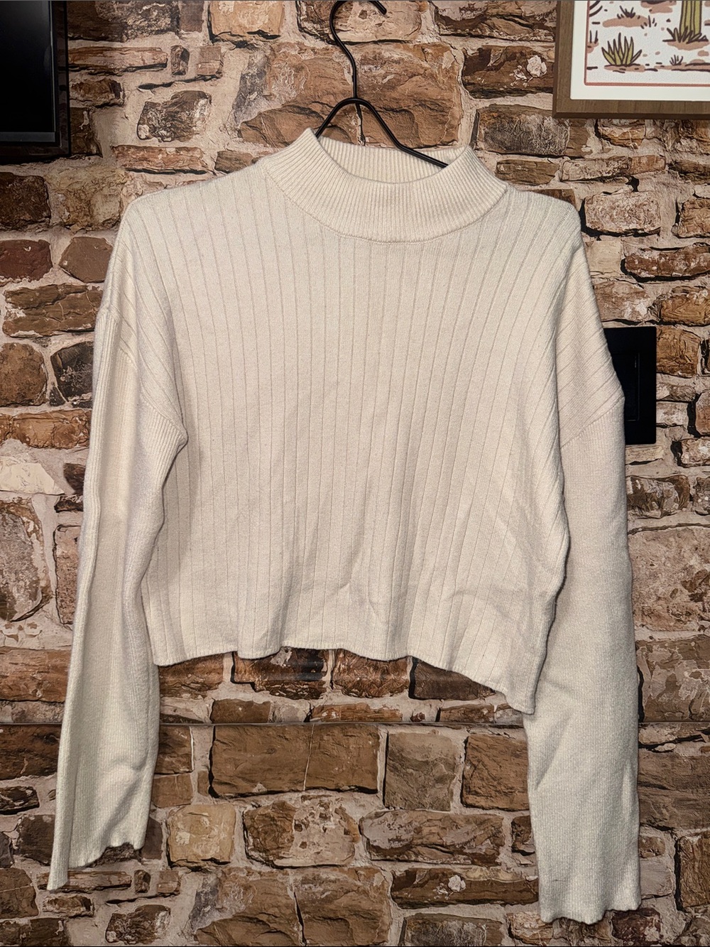 La Hearts Cream Ribbed Cropped Mock Neck Sweater